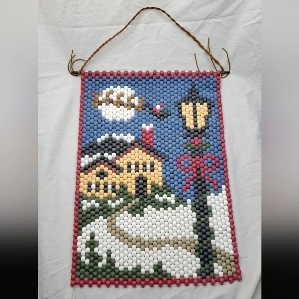 Vintage Beaded Banner Christmas House Santa Sled Reindeer